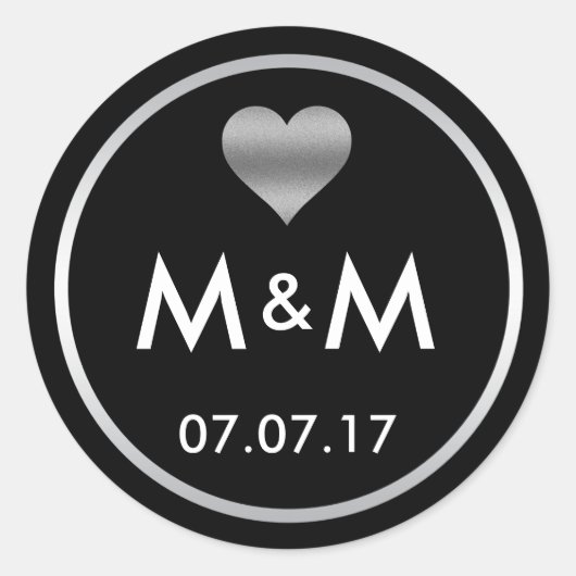 Personalisierte, elegante Schwarz-Silber-Herz-Hoch Runder Aufkleber (Vorderseite)