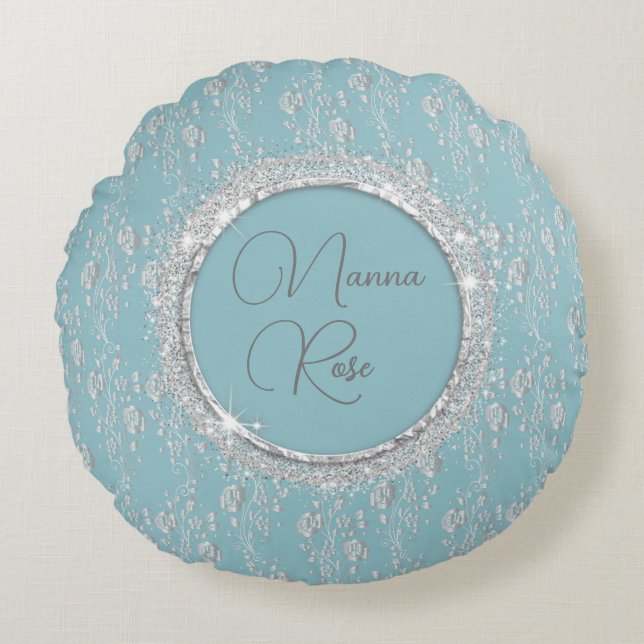 Personalisierte Elegante Silver Blume auf Blue Rundes Kissen (Vorderseite)
