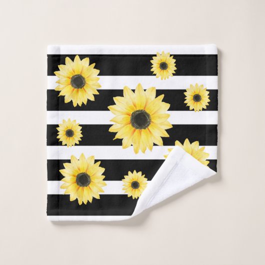 Personalisierte Elegante Sonnenblume auf Schwarz u Badhandtuch Set (Waschlappen)