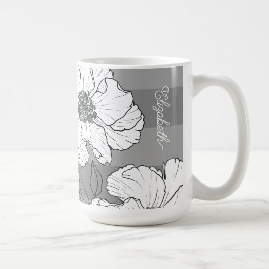 Personalisierte elegante weiße Blumen auf Grau  Kaffeetasse (Rechts)