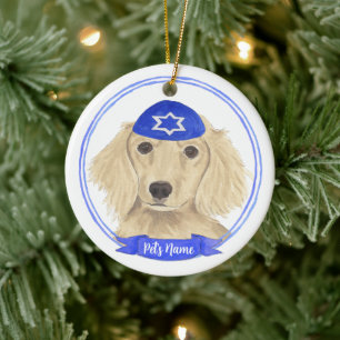 Personalisierte englische Creme Dackel Dog Hanukka Keramik Ornament