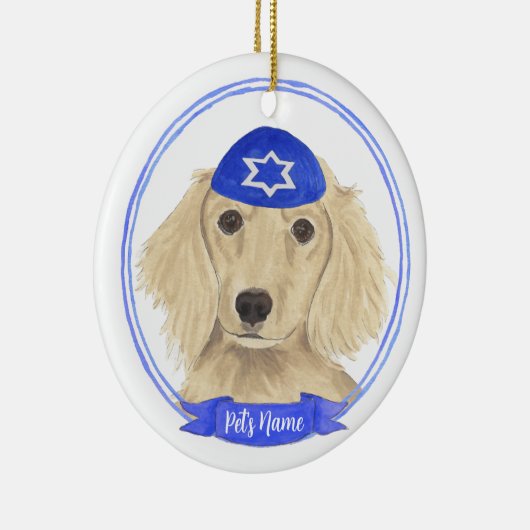 Personalisierte englische Creme Dackel Dog Hanukka Keramik Ornament (Rechts)