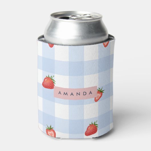 Personalisierte Erdbeere & Blue Gingham Pattern Dosenkühler (Kanne Vorderseite)