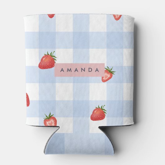 Personalisierte Erdbeere & Blue Gingham Pattern Dosenkühler (Rückseite)