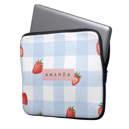 Personalisierte Erdbeere & Blue Gingham Pattern Laptopschutzhülle (Vorderseite Links)