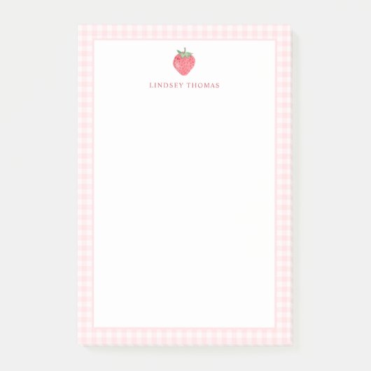 Personalisierte Erdbeere Pink Gingham Rand Post-it Klebezettel (Vorderseite)