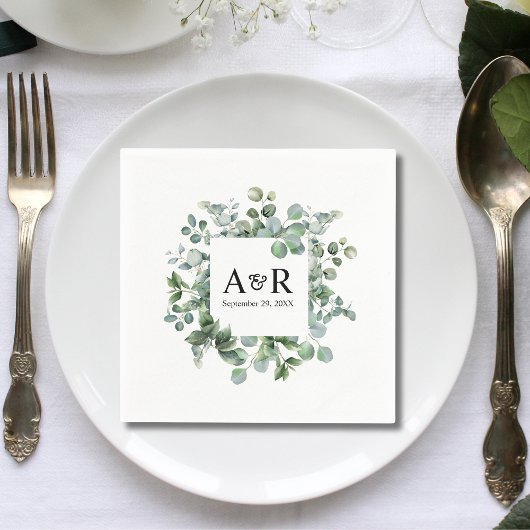 Personalisierte Eukalyptus-Couple-Initials-Hochzei Serviette