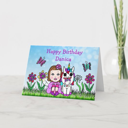 Personalisierte Fairy und Unicorn Happy Birthday Karte (Vorderseite)