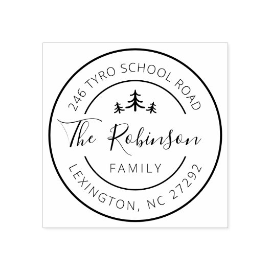 Personalisierte Familienadresse Round Pine Tree Gummistempel (Prägung)