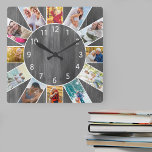 Personalisierte Familienfoto-Collage Grauholz Quadratische Wanduhr<br><div class="desc">Personalisierte Uhr mit quadratischem Foto mit Ihren eigenen Lieblingsstipps. Die Fotovorlage ist für Sie bereit, 12 Bilder im Uhrzeigersinn von oben hinzuzufügen. Dieses moderne graue Holzdesign mit weißen Zahlen wird mit zeitgenössischer oder ländlicher Dekoration großartig aussehen. Für dieses Design sind quadratische Instagram- oder Portrait-Fotos am einfachsten zu bedienen. Bitte stöbern...</div>