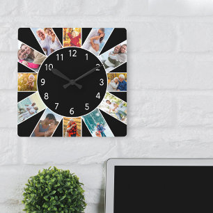 Personalisierte Familienfoto-Collage Schwarz Quadratische Wanduhr