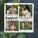 Personalisierte Familienfoto-Collage Weihnachten 2 Keramikornament<br><div class="desc">Feiern Sie die Feiertage mit unserem Personalisierten Familienfoto Collage Weihnachten 2024 Keramik Ornament. Dieses elegante Ornament besticht durch ein minimalistisches Design, das Ihre Lieblings-Fotos in einer Vierer-Foto-Collage schön präsentiert. Aus hochwertiger Keramik gefertigt, bietet es eine dauerhafte und stilvolle Möglichkeit, die besonderen Momente des Jahres zu begehen. Dieses Ornament, das mit...</div>