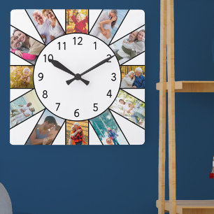 Personalisierte Familienfoto-Collage Weiß Quadratische Wanduhr