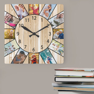 Personalisierte Familienfoto-Kollage aus Kiefernho Quadratische Wanduhr