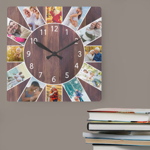 Personalisierte Familienfotocollage Warmbraunes Ho Quadratische Wanduhr
