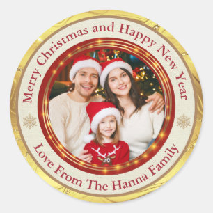 Personalisierte Familienfotos Frohe Weihnachten Runder Aufkleber
