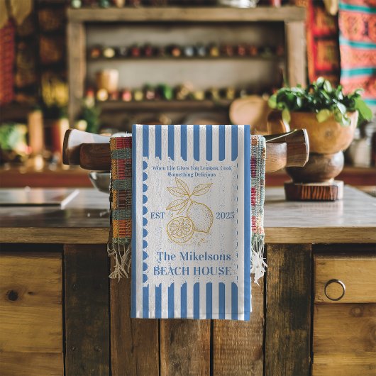 Personalisierte Familienküste Lemon Beach House De Geschirrtuch