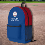Personalisierte Farben des Baseball-Sportteams Bedruckter Rucksack<br><div class="desc">Super lustiger,  sportlicher Rucksack mit Baseball und zwei Zeilen individuellem Text. Ändern Sie die Farben einfach,  um sie Ihren Teamfarben anzupassen. Die Zimmer sind groß genug für Bücher,  Computer,  Sportgeräte und vieles mehr - oder auch als Reise- oder Schlittenbeutel. Ihr Baseballfan/Player wird diesen individuellen Rucksack wirklich Liebe geben.</div>
