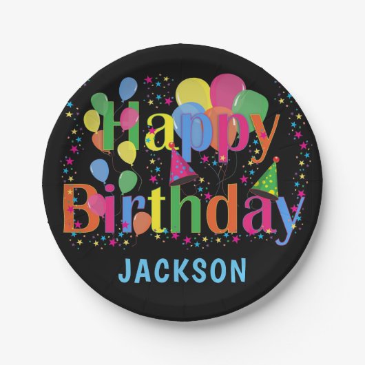 Personalisierte, farbenfrohe Balloons GLÜCKLICH GE Pappteller (Vorderseite)