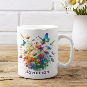Personalisierte farbenfrohe Blume und Schmetterlin Kaffeetasse