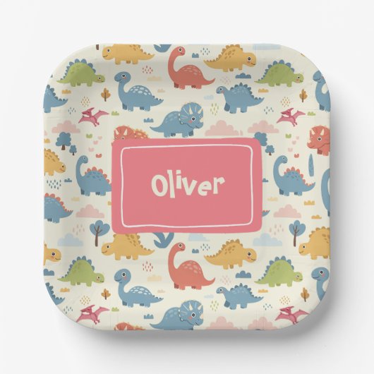 Personalisierte Farbenfrohe Dinosauriermuster Pappteller (Vorderseite)