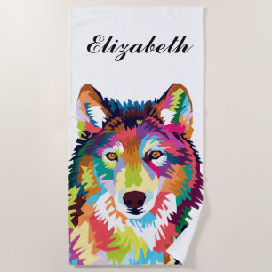 Personalisierte Farbenfrohe Pop Art Wolf Strandtuch