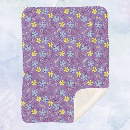 Personalisierte farbenfrohe Wildblumen Lila Baby G Sherpadecke