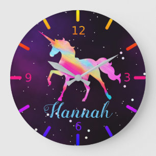 Personalisierte farbige Einhorn Große Wanduhr