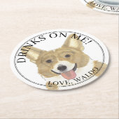 Personalisierte Fawn & White Corgi Hochzeit Runder Pappuntersetzer (Angewinkelt)