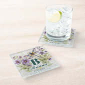 Personalisierte Februar-Geburtsblumen-Libelle-Trag Glasuntersetzer (Schrägansicht)