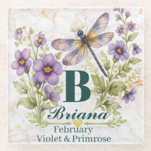 Personalisierte Februar-Geburtsblumen-Libelle-Trag Glasuntersetzer