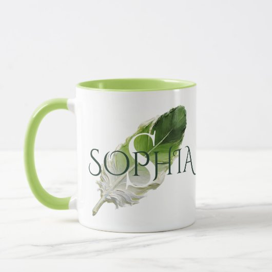 Personalisierte Feder-Monogramm-Salbei-Grün Tasse (Links)