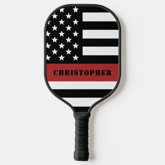 Personalisierte Feuerwehrflagge dünne rote Linie Pickleball Schläger (Rückseite)