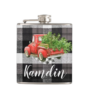 Personalisierte Flasche XMAS Truck Baffelkariert S Flachmann