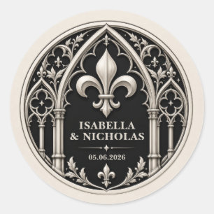Personalisierte Fleur de Lis Gotische Hochzeit Runder Aufkleber
