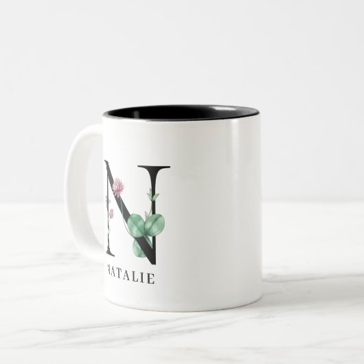 Personalisierte Floral Alphabet N Monogramm Zwei-T Zweifarbige Tasse (Vorderseite Links)