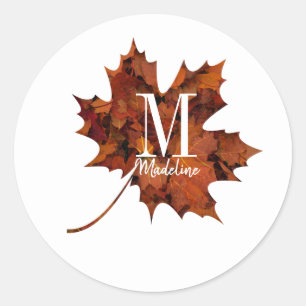 Personalisierte Floral Monogramm Fall Ahornleaf Runder Aufkleber