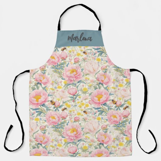 Personalisierte florale Küche Schürze mit Bienen P (Vorderseite)