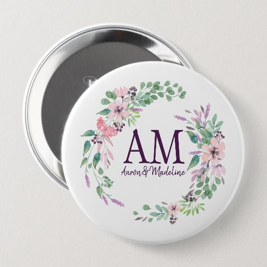 Personalisierte florale Monogramm Frische Frühling Button (Vorne & Hinten)