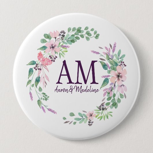 Personalisierte florale Monogramm Frische Frühling Button (Vorderseite)