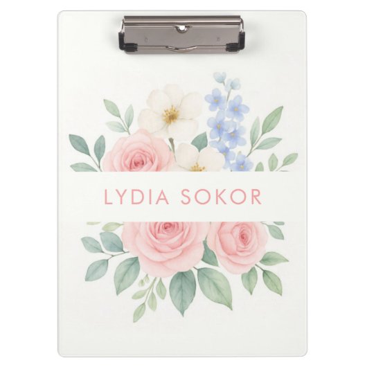 Personalisierte florale Zwischenablage mit Name Klemmbrett (Vorderseite)