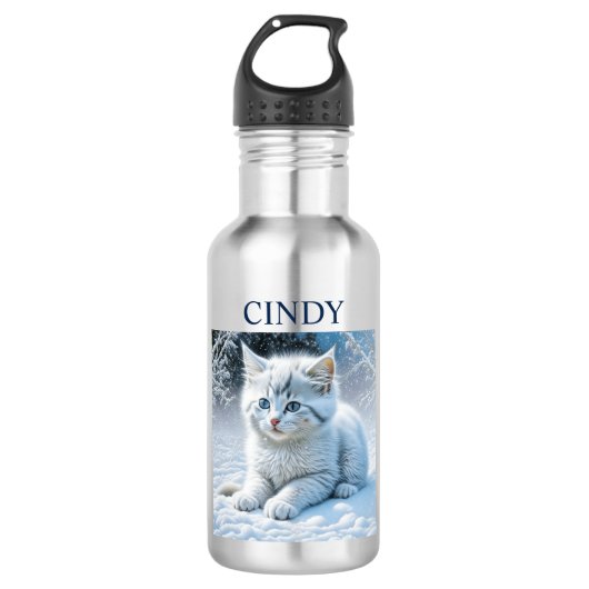 Personalisierte Fluffy White Kitten im Schnee Edelstahlflasche (Vorderseite)