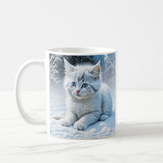 Personalisierte Fluffy White Kitten im Schnee Kaffeetasse (Links)