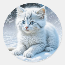 Personalisierte Fluffy White Kitten im Schnee Runder Aufkleber