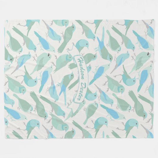 Personalisierte Folklorekunst Blau und Mint Bird M Fleecedecke (Vorderseite (Horizontal))
