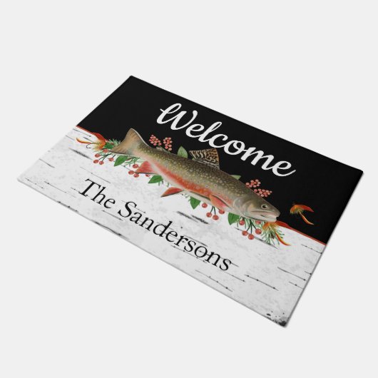Personalisierte Forellenfischerei Willkommen Türmc Fußmatte (Schrägansicht)