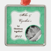 Personalisierte Foto-Ornament-Minze Weiße Damaskat Silbernes Ornament (Vorne)
