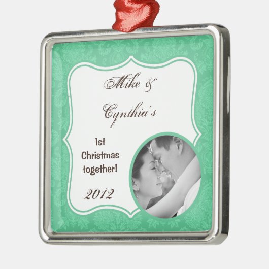 Personalisierte Foto-Ornament-Minze Weiße Damaskat Silbernes Ornament (Links)