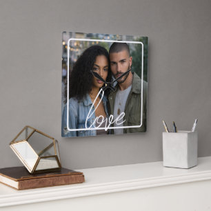Personalisierte Foto- und Text-Fotocollage Quadratische Wanduhr