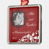 Personalisierte Foto-Verzierungs-hochrotes Rot mit Silbernes Ornament (Links)